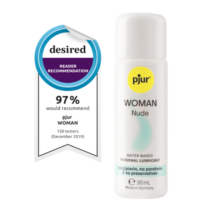 Pjur Woman Nude personal lubricant bottle with a 'desired' reader recommendation badge on a white background
