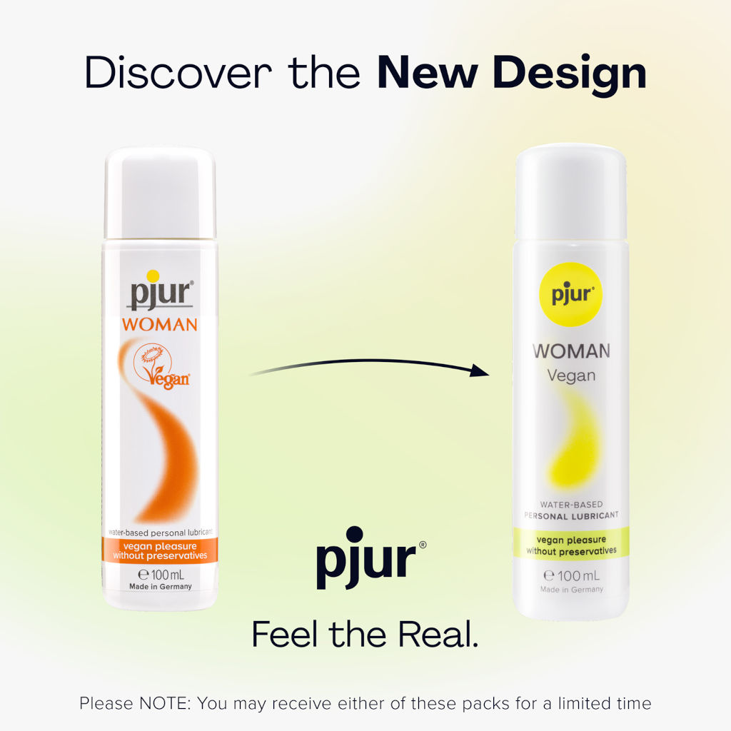 Two bottles of pjur Woman Vegan lubricant on a light yellow background with text about discovering the new design.