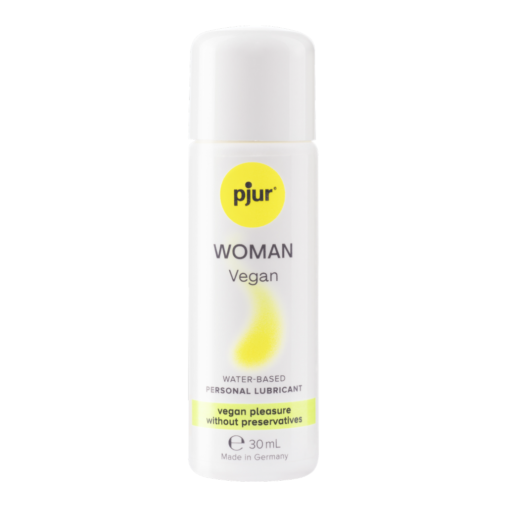 Bottle of pjur Woman Vegan personal lubricant on a white background