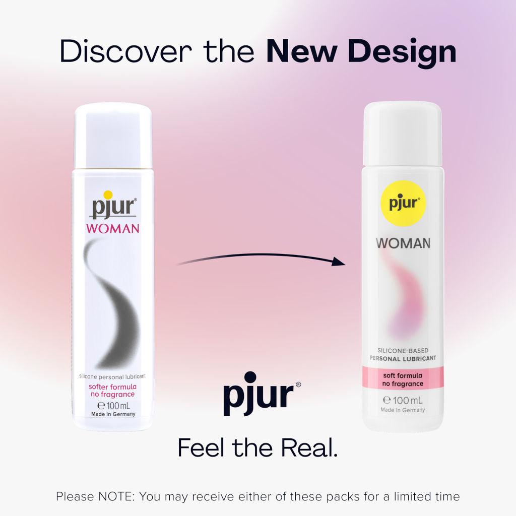 Two bottles of pjur Woman lubricant on a gradient pink and purple background with text about discovering the new design.