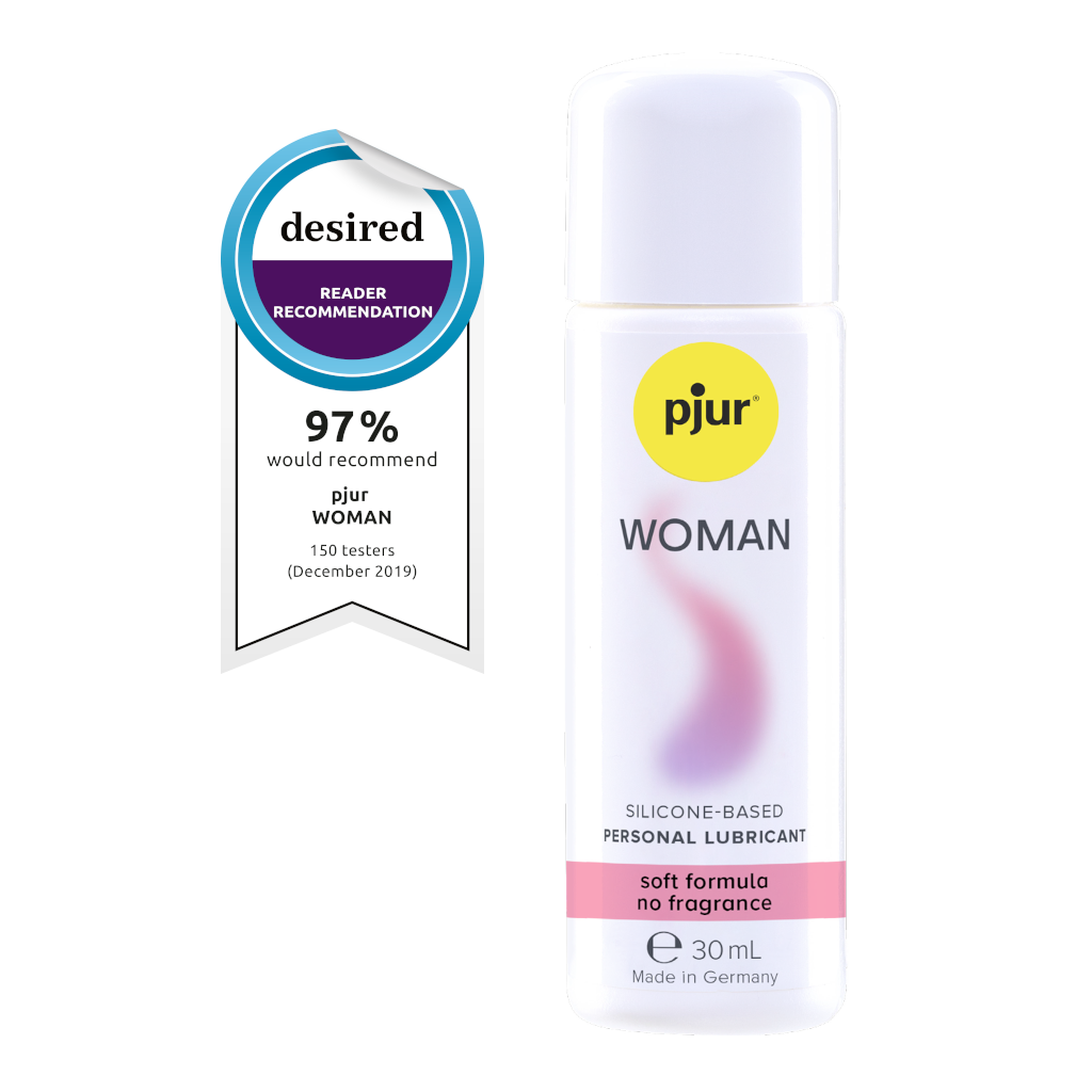 Pjur Woman silicone-based personal lubricant bottle with a desired reader recommendation badge on a white background