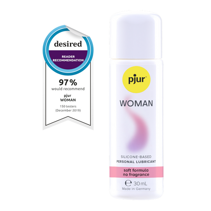 Pjur Woman silicone-based personal lubricant bottle with a desired reader recommendation badge on a white background