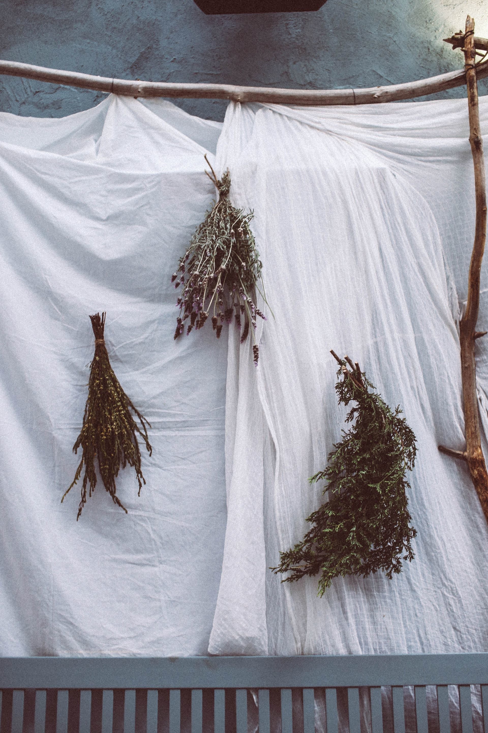 An image of white linen hanging on a smoothed branch, with bunches f herbs hanging from the linen